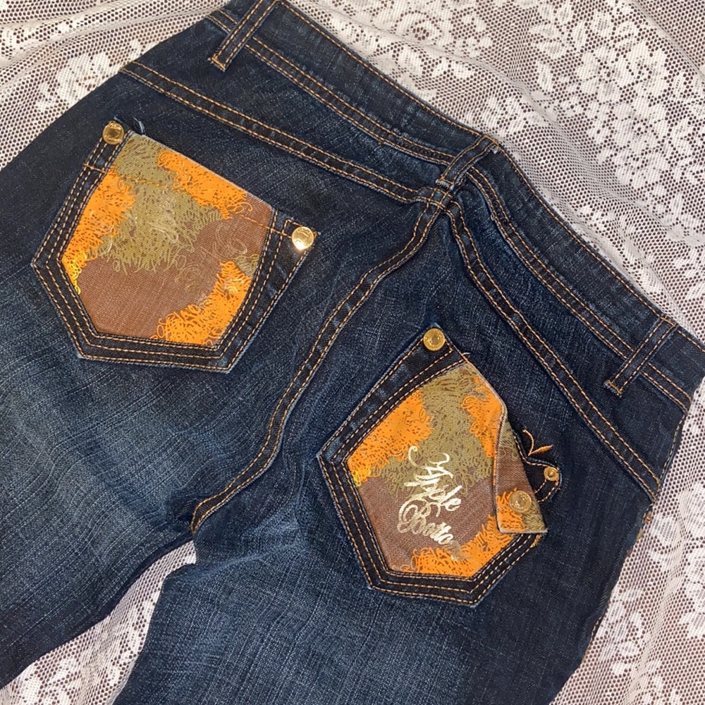 Y2K NEW APPLE BOTTOM JEANS SZ 9/10  ORANGE POCKET DETAIL SIGNATURE VINTAGE RARE